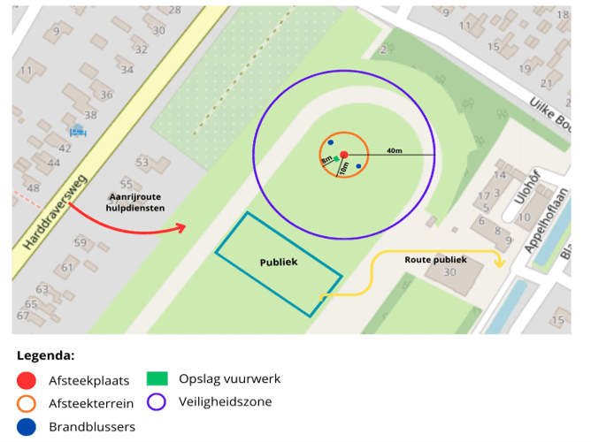 Voorbeeld van een situatietekening, waarop het volgende duidelijk is aangegeven: de afsteekplaats, het afsteekterrein, brandblussers, calamiteitenroute, vluchtroute, zone waar het publiek staat, opslag vuurwerk en de veiligheidszone rondom de afsteekplaats.